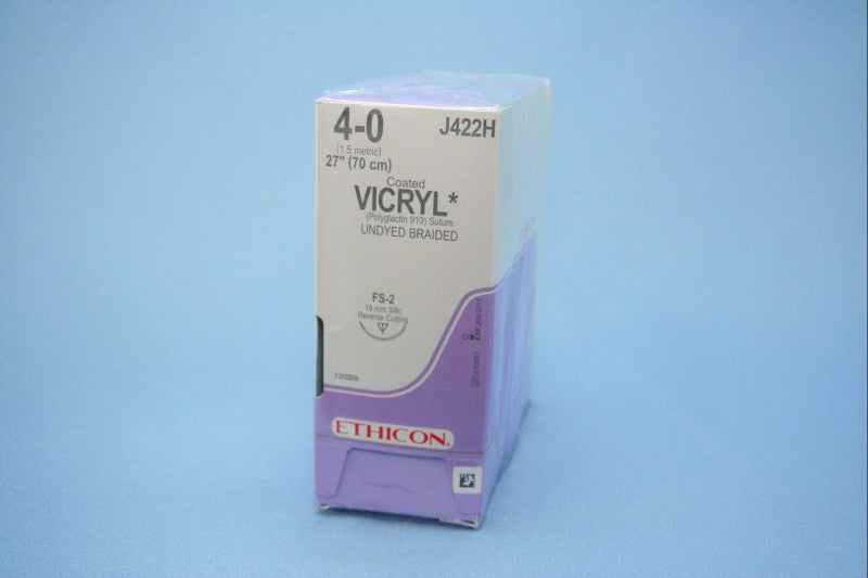 J&J Ethicon J422H Vicryl Polyglactin Undyed Braided Absorbable Sutures FS2 4-0 27'' 36/Bx J&J Ethicon J422H Vicryl Polyglactin Undyed Braided Absorbable Sutures FS2 4-0 27'' 36/Bx